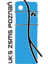 Logotyp UKS ZSMS Poznań - na niebieskim tle czarna siatka i czarna nazwa klubu