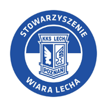 Logotyp Wiary Lecha Poznań - herb Lecha Poznań wpisany jest w niebiesko-białe koło, a dookoła na niebieskim obramowaniu biały napis Stowarzyszenie Wiara Lecha