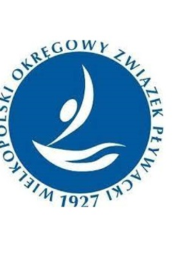 Logotyp Wielkopolskiego Okręgowego Związku Pływackiego - na niebieskim tle biały symbol osoby wskakującej do wody. Wokół niebieskie napis Wielkopolski Okręgowy Związek Pływacki