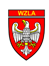 Logotyp Wielkopolskiego Związku Lekkiej Atletyki - biały orzeł ze złotym dziobem i szponami na czerwonym tle ze złotym napisem na górze WZLA