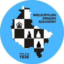 Logotyp Wielkopolskiego Związku Szachowego - szachownica w barach Wielkopolski na niebieskim tle