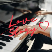 Zdjęcie dłoni grających na fortepianie, czerwony napis love story i czerwone serce.