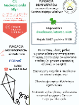 Plakat, który informuje o MajsterSTYK: dmuchawce, latawce, wiatr. Napisy informujące o wydarzeniu, z boku rysunek latawca.