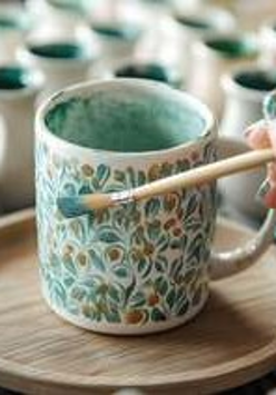 Malowanie ceramicznego kubka farbą przy pomocy pędzelka.