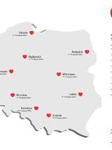 Na mapie Polski czerwonymi serduszkami zaznaczone miasta, w tórych odbędzie się akcja.