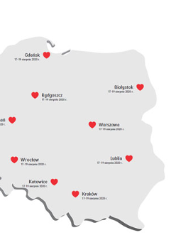 Na mapie Polski czerwonymi serduszkami zaznaczone miasta, w tórych odbędzie się akcja.