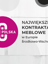 Napis o treści meble polska w bordowym kółku, po prawej napis o treści największe kontraktacje meblowe w Europie Środkowo-Wschodniej.