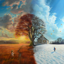 obraz przedstwiajacy pejzaż, który po lewej jest letni a po prawej zimowy