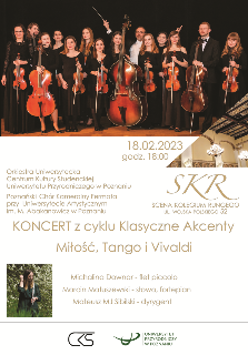 Plakat koncertu z cyklu Klasyczne akcenty, pod tytułem Miłość, Tango i Vivaldi. Oprócz informacji o wydarzeniu, widać na nim elegancko ubranych muzyków klasycznych.