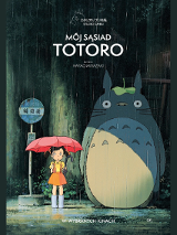 Obrazek w stylu anime, dziewczynka stoi z parasolem w deszczu, obok niej duży, włochaty, sympatycznie wyglądający stworek.