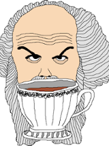 Grafika starszego mężczyzny z wyraźnie zarysowanymi brwiami z kubkiem kawy.