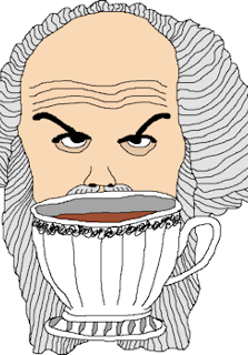 Grafika starszego mężczyzny z wyraźnie zarysowanymi brwiami z kubkiem kawy.