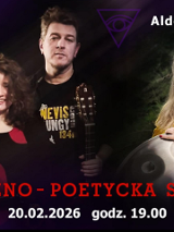 Trzej artyści na ciemnym tle, na nich napis muzyczno-poetycka synteza, 20.02.2026, godz. 19:00