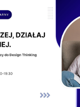 Grafika promująca stacjonarny warsztat: "Myśl inaczej, działaj skuteczniej. Warsztat wprowadzający do Design Thinking". Po lewej stronie znajduje się tytuł wydarzenia oraz szczegóły: 10 czerwca 2025 r. | 16:30-19:30, z logotypem Poznań Biznes Partner poniżej. Po prawej stronie widnieje zdjęcie prowadzącej - uśmiechniętej Marty Siudzińskiej w białej koszuli, siedzącej na fotelu, w ramce na tle granatowego prostokąta z jej imieniem i nazwiskiem.