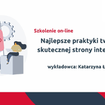 Z lewej strony rysunkowy przerośnięty smartphone i dwójka ludzi, obok tytuł szkolenia: Szkolenia on-line: Najlepsze praktyki tworzenia skutecznej strony internetowej, wykładowca: Katarzyna Łukaszuk. W prawym górnym rogu logotyp organizatora: Polska Fundacja Przedsiębiorczości.