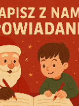 Grafika, chłopiec z gwiazdorem wspólnie piszą książkę, nad nimi napis "Napisz z nami opowiadanie".