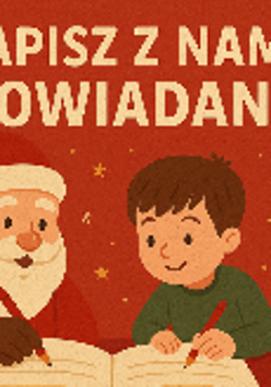 Grafika, chłopiec z gwiazdorem wspólnie piszą książkę, nad nimi napis "Napisz z nami opowiadanie".