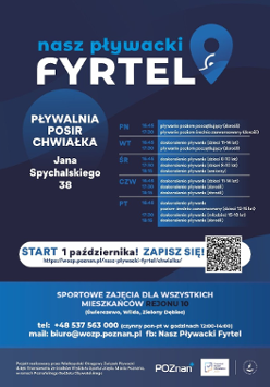Na plakacie widać harmonogram zajęć oraz QR Code odsyłający do formularza zapisowego na zajęcia. Ponadto widoczne są dane kontaktowe, logo projektu oraz informacja do kogo skierowane są zajęcia.