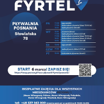 Plakat Nasz Pływacki Fyrtel Posnania. Na plakacie widnieje logo projektu, harmonogram zajęć w ramach jego realizowany na basenie Posnania w Poznaniu. Ponadto widać dane kontaktowe oraz informację tym, dla kogo przeznaczony jest projekt.