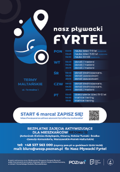 Plakat przedstawia listę zajęć proponowanych w ramach projektu Nasz Pływacki Fyrtel odbywających się na basenie Termy Maltańskie.