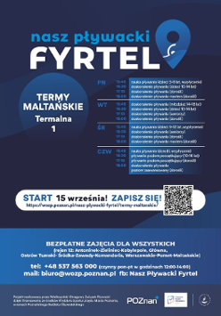 Na plakacie widać harmonogram zajęć oraz QR Code odsyłający do formularza zapisowego na zajęcia. Ponadto widoczne są dane kontaktowe, logo projektu oraz informacja do kogo skierowane są zajęcia.