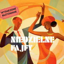 Kolorowa grafika promująca wydarzenie przedstawia tańczącą parę. Kobieta ma na sobie czerwoną sukienkę bez rękawów, a mężczyzna czarno-zielony garnitur i pomarańczową krawat.