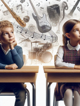 Dzieci siedzą przy szkolnej ławce i patrzą bokiem do góry, jakby próbowały przewidzieć swoją świetlaną przyszłość związaną z muzyką.