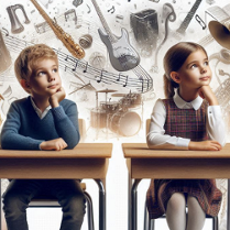 Dzieci siedzą przy szkolnej ławce i patrzą bokiem do góry, jakby próbowały przewidzieć swoją świetlaną przyszłość związaną z muzyką.