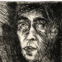 Obraz zmęczonego, niewyraźnego mężczyzny na tle cienia, pod spodem napis Towarzystwo Jerzego Piotrowicza.