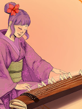 Narysowana japonka w różowym kimonie przepasanym zielonym pasem i różowych włosach z czerwonym kwiatem gra na tradycyjnym japońskim instrumencie. Otoczona jest pomarańczowymi nutami.