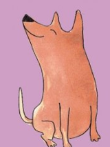 Na fuksjowym tle, rysunek brązowego uśmiechniętego psa.