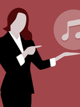 Na wiśniowym tle postać kobiety bez twarzy wskazująca w prawo na nutkę.