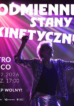 Kobieta z rękoma uniesionymi ku górze w brokatowej marynarce, oświetlona różowym światłem. Nad nią napis Odmienne Stany Kinetyczne, retro disco, 17.02.2026, godz. 17:00. Wstęp wolny.