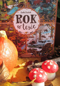 ksiązka, obok dynia, liście jesienne, kasztany, szyszki.