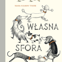Grafika przedstawiająca różne rasy psów oraz tytuł "Własna sfora" i nazwisko autorki na jasnożółtym tle.