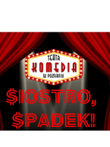 Grafika z tytułem spektaklu na środku, nad tytułem logo Teatru Komedia. Po bokach ciemno czerwone kurtyny teatralne.