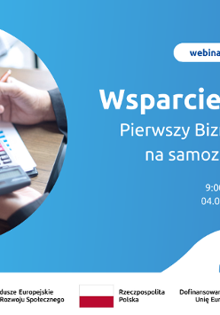 Grafika Promocyjna informująca o szkoleniu pt. Pierwszy Biznes-Wsparcie w Starcie, Pożyczka na samozatrudnienie. Na zdjęciu jest forma szkolenia-online data godzina oraz zdjecie kalkulatora i wykresów
