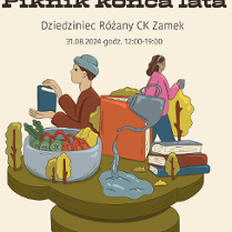 Rysunek, dwie osoby stoją obok stołu, na którym leżą ksiązki, miska z pokrojonymi warzywami, konewka, z której kapie woda.