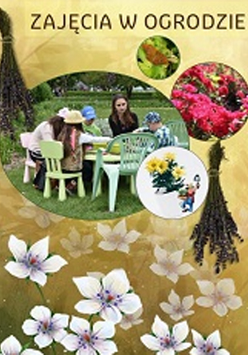 warsztaty na dworze. Stół na trawie, dzieci na krzeselkach z opiekunką. Tło z bukietami kwiatów.