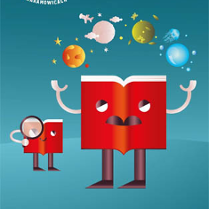 Plakat wydarzenia. Duża i mała książka jako postaci na nogach. Nad dużą planety i gwiazdy