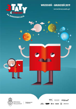 Plakat wydarzenia. Duża i mała książka jako postaci na nogach. Nad dużą planety i gwiazdy