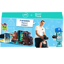 Interaktywny czekoladowy autobus na niebieskim tle