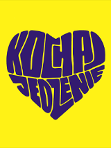 Niebieski napis "Kocha jedzenie" w kształcie serca