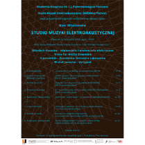 Plakat wydarzenia: niebieskie litery na brązowym tle.