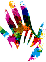 Plakat wydarzenia: mała biała dłoń na kolorowej dużej dłoni. Kolory nałozone w formie plam.