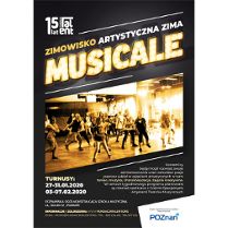 Plakat wydarzenia: warsztaty taneczne - młodzież ćwiczy układ taneczny na parkiecie. Na górze i na dole plakatu - informacje tekstowe.