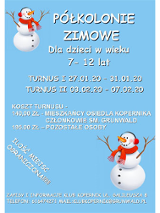 Plakat wydarzenia: Na niebieskim tle białe napisy, w 2 przeciwnych rogach bałwanki.