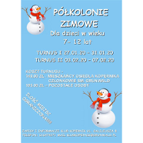 Plakat wydarzenia: Na niebieskim tle białe napisy, w 2 przeciwnych rogach bałwanki.