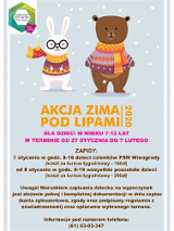 Plakat wydarzenia: Zając i miś w sweterku i szaliku. Pada śnieg.