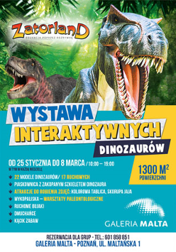 Plakat wydarzenia: Na górze 2 dinozaury z otwartymi paszczami na tle zieleni. Na dole napisy.